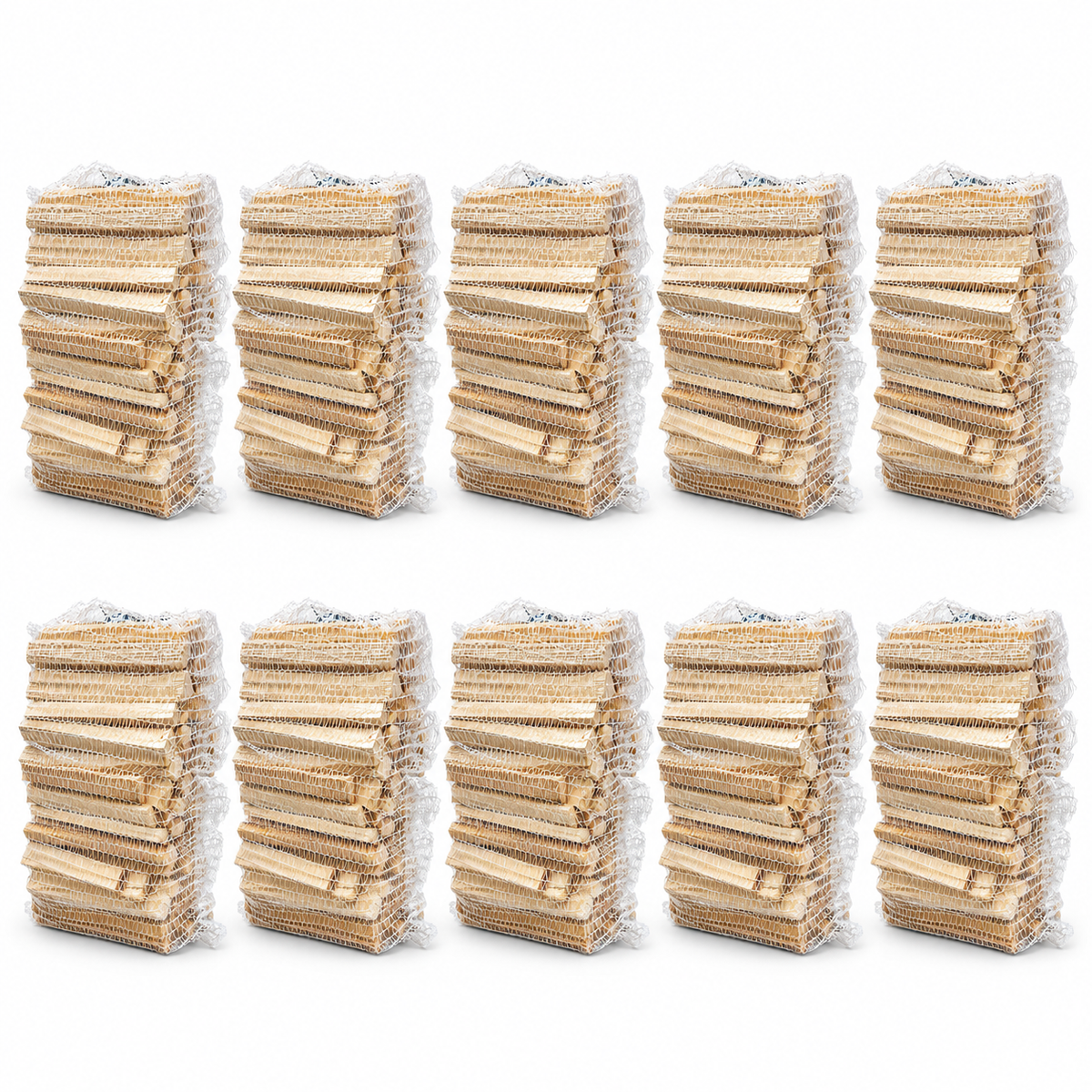 Pack of 10 kindling bags in white mesh nets on a white background