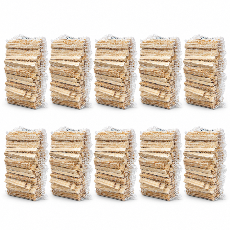 Pack of 10 kindling bags in white mesh nets on a white background