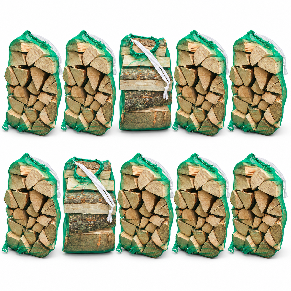 Pack of 10 large kiln-dried firewood nets in green mesh bags on a white background
