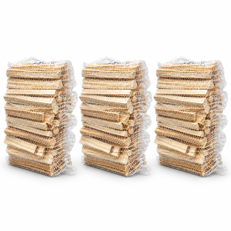 Pack of 3 kindling bags in white mesh nets on a white background