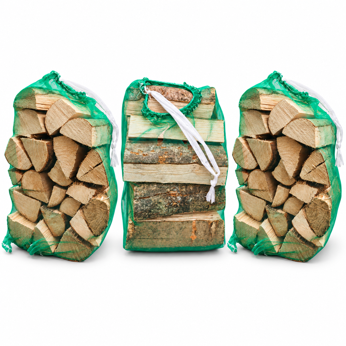 Pack of 3 large kiln-dried firewood nets in green mesh bags on a white background