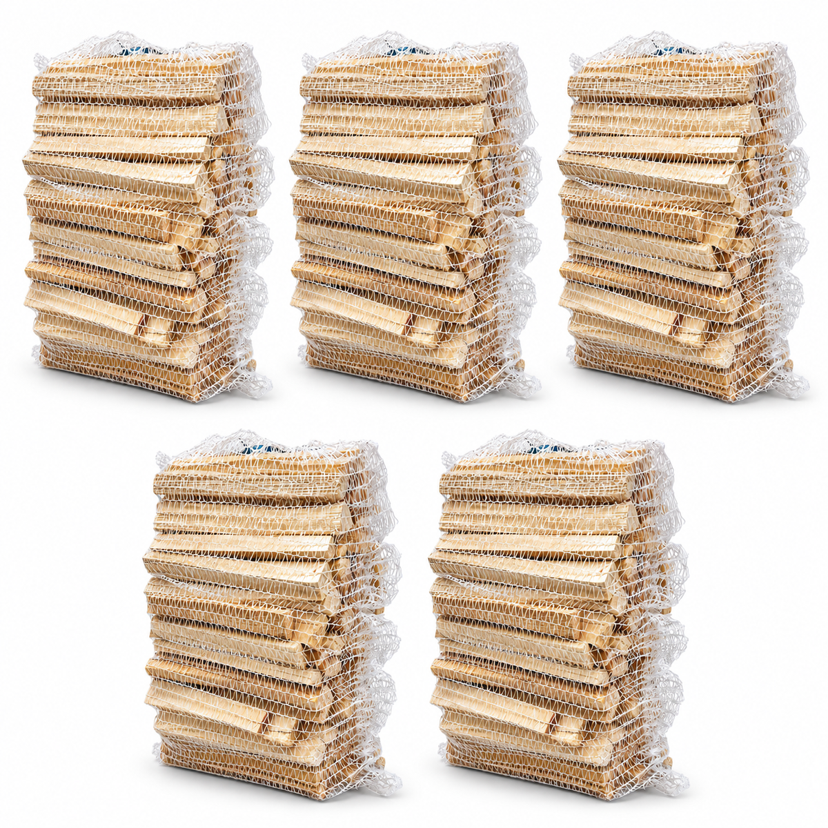 Pack of 5 kindling bags in white mesh nets on a white background