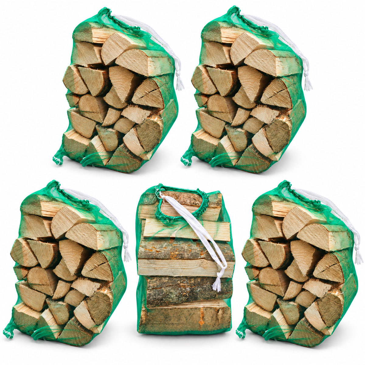 Pack of 5 large kiln-dried firewood nets in green mesh bags on a white background