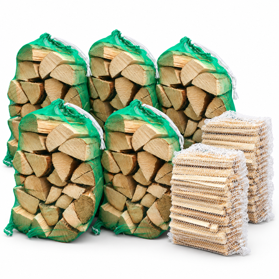Firewood and kindling bundle containing five large green log nets and two white kindling net bags
