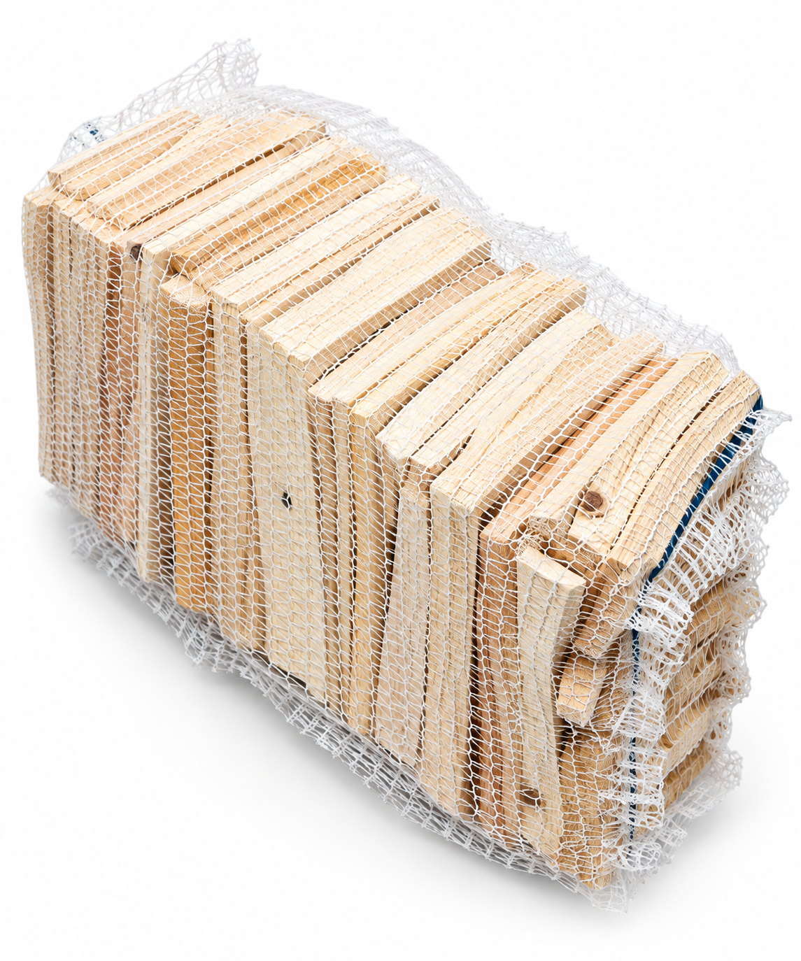 Angled view of a kindling net lying on its side in white mesh packaging