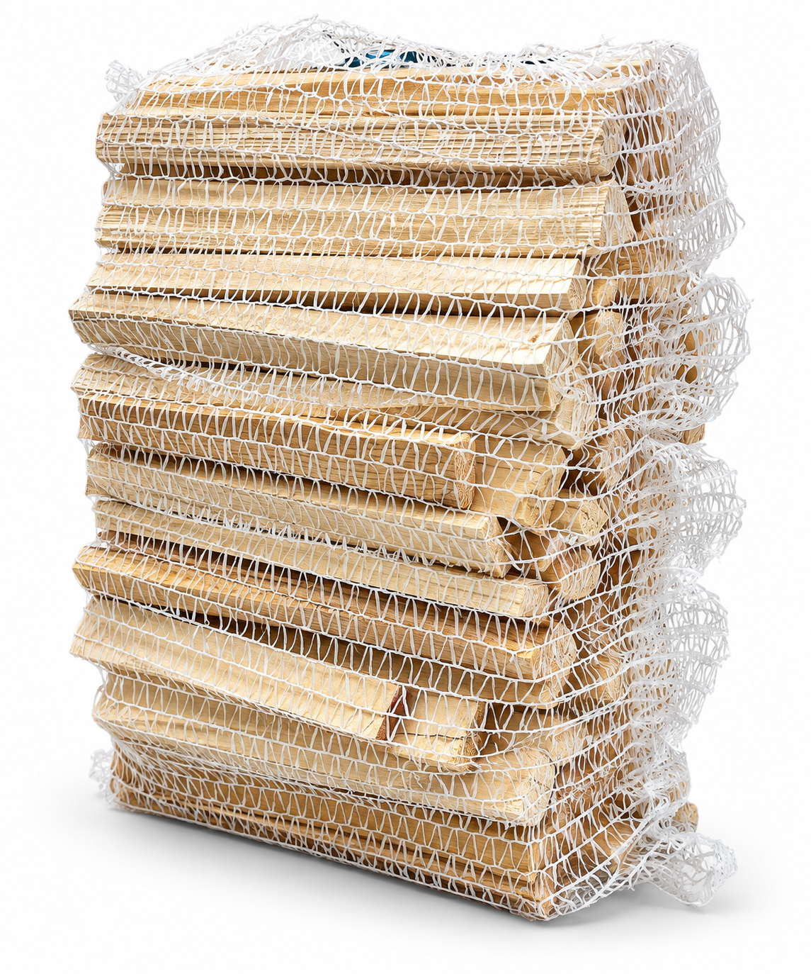 Kindling net standing upright, with split wood sticks packed in white mesh