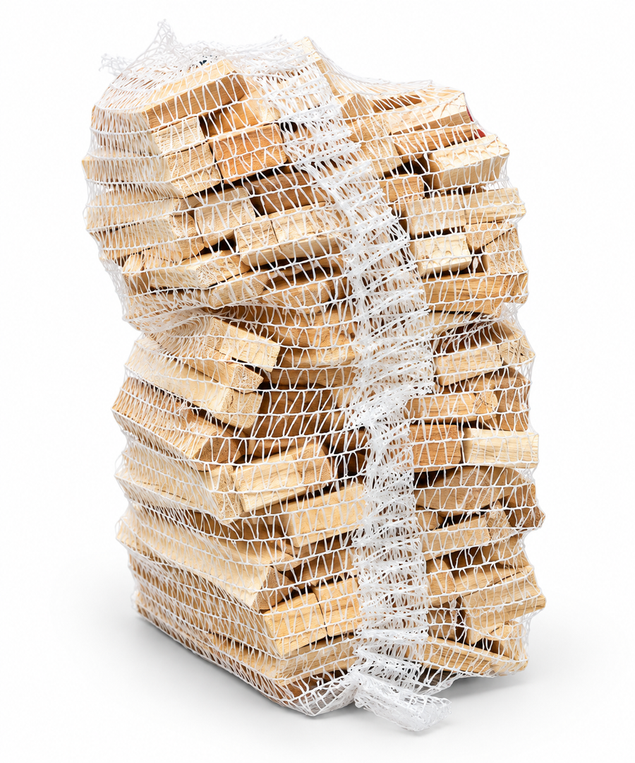 Reverse view of an upright kindling net, showing the wood ends and white mesh seam