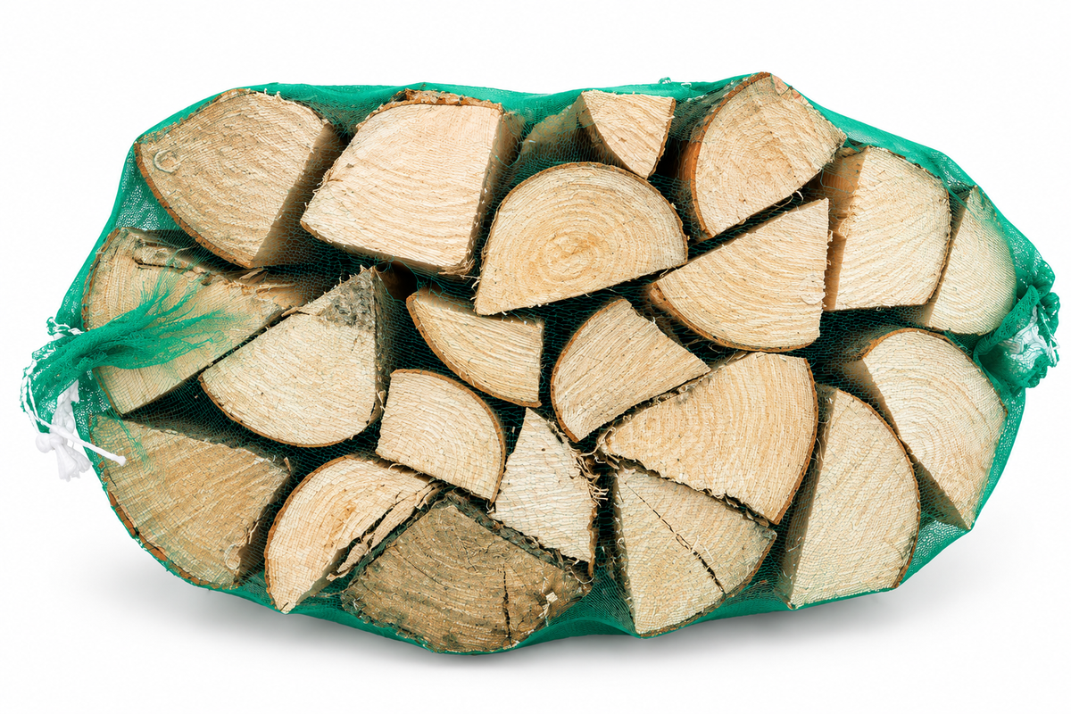Large kiln-dried firewood net lying on its side, showing the cut ends of the logs