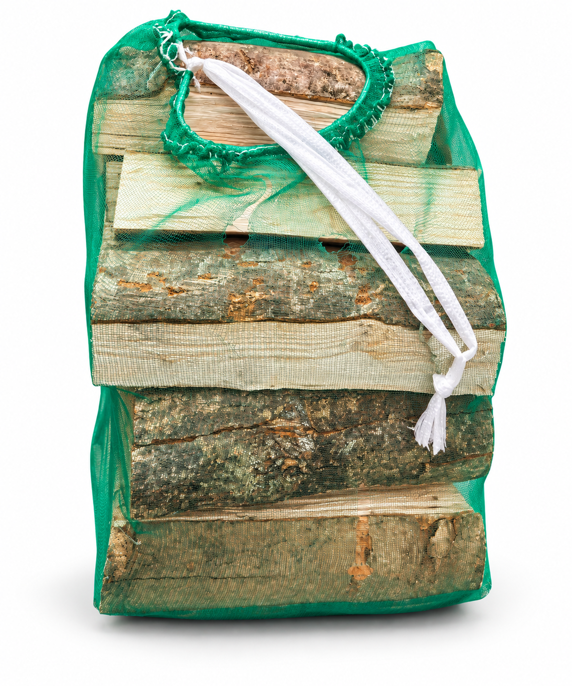 Rear view of a large kiln-dried firewood net, showing split logs and the white carry tie