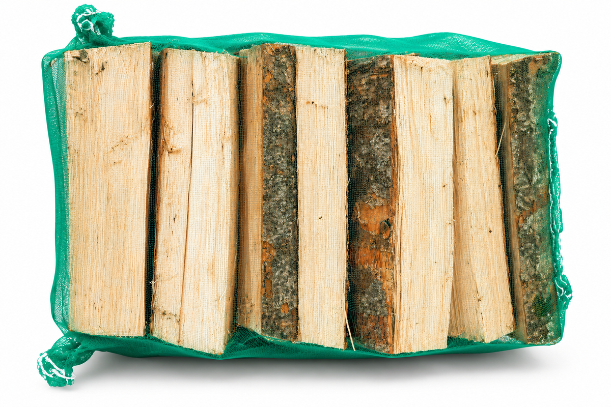 Side view of a large kiln-dried firewood net, showing split log lengths and bark through green mesh